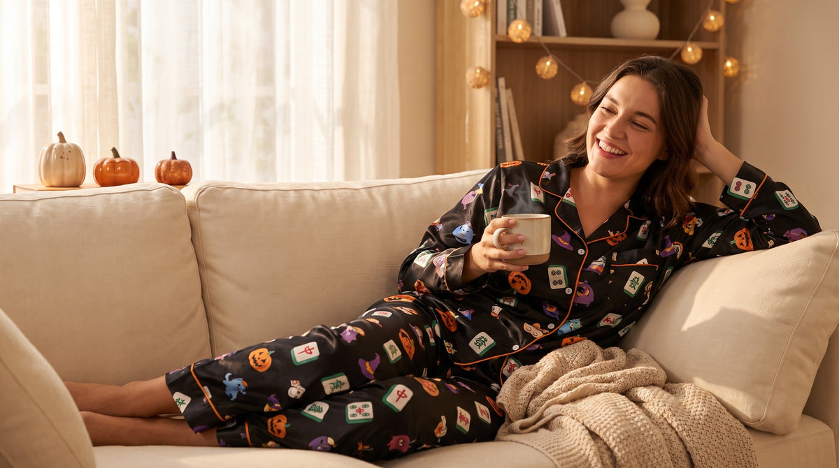 Woman wearing black Halloween satin pajamas with Mahjong print, relaxing at home