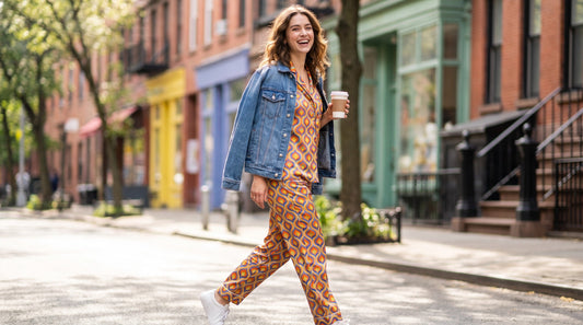 Woman styling pajamas outside with denim jacket and sneakers for chic streetwear look