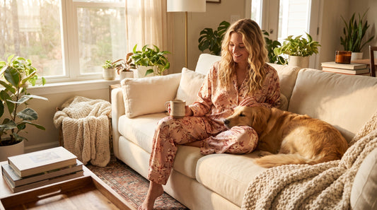 Woman wearing silky satin button-down loungewear set relaxing at home with her dog