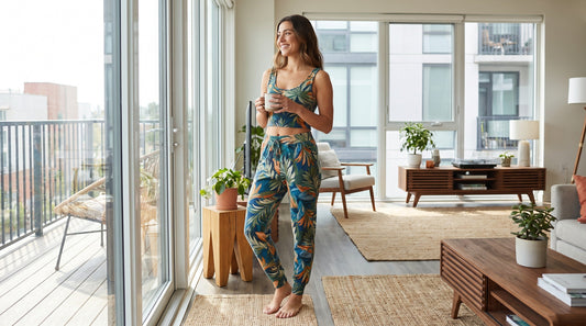 Woman wearing colorful printed jogger two piece set for summer in bright modern home