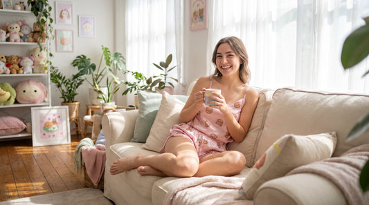 Woman wearing cute kawaii 2 piece set for summer in pastel colors with bear print