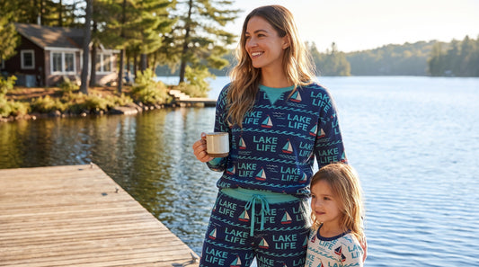 Woman wearing Lake Life AOP matching two piece set on dock with family summer morning