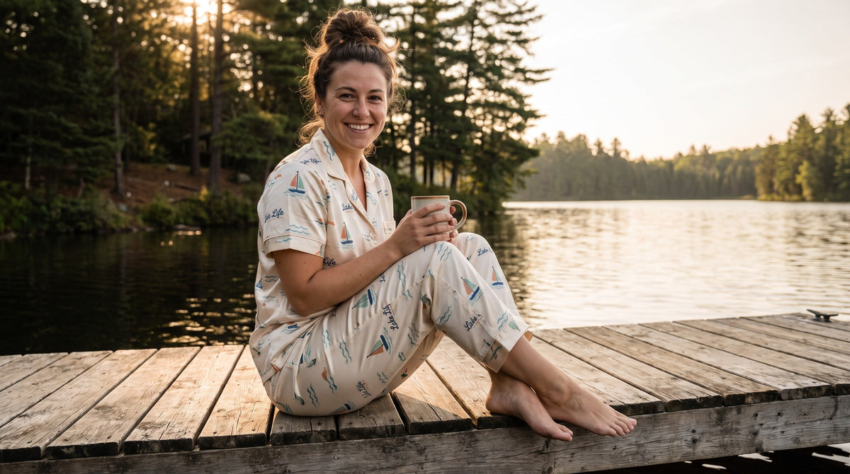 Woman wearing lake life AOP matching pajama set on dock during summer vacation