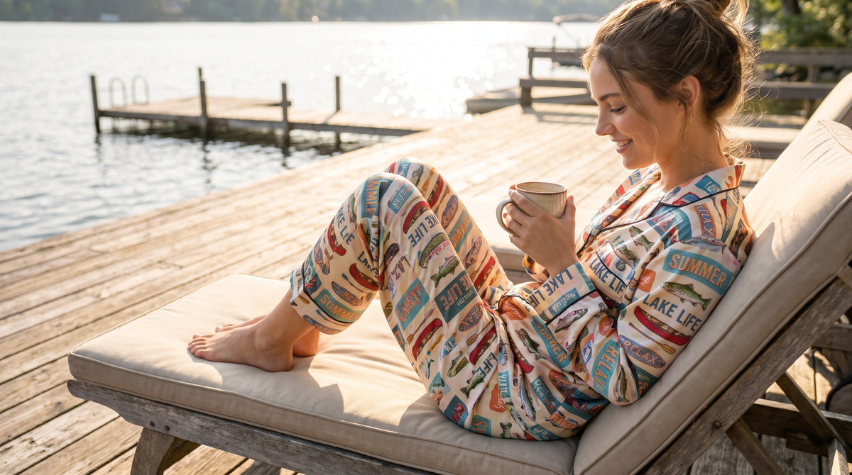 Woman wearing lake life print two-piece pajama set relaxing on lakeside deck summer morning
