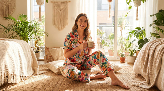 Woman wearing long two-piece pajama set in sunny bedroom for summer lounging