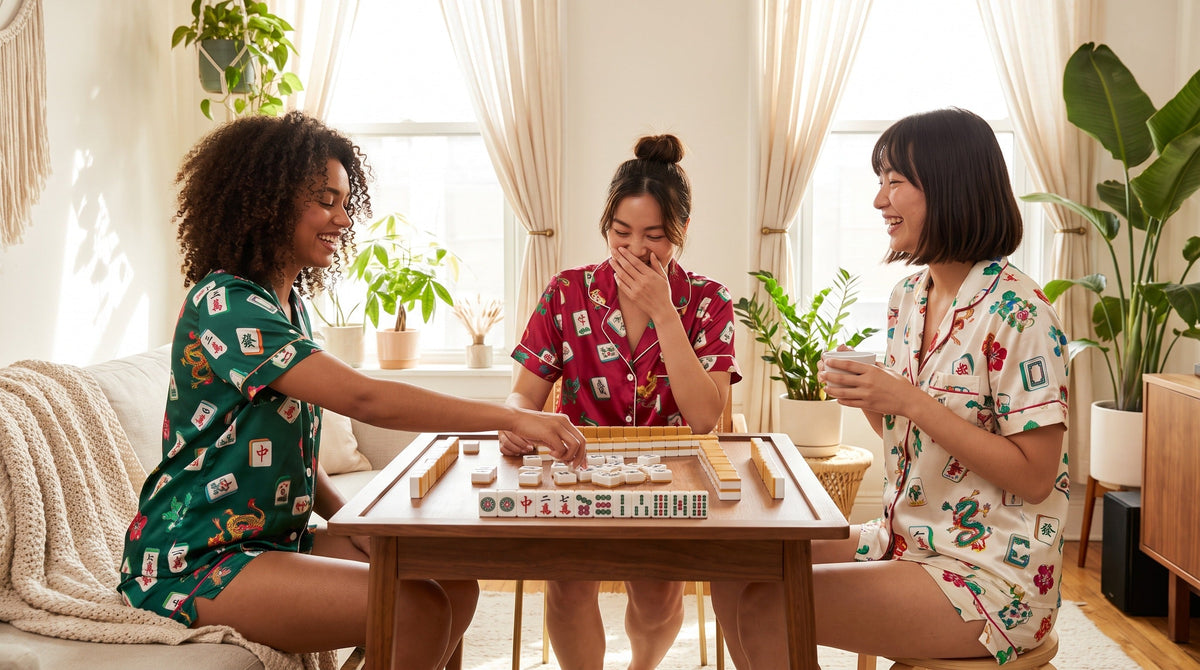 Women wearing mahjong pajamas 2 piece sets for summer while playing mahjong at home