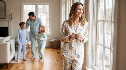 Woman wearing coordinated two piece pajama set for family summer photos