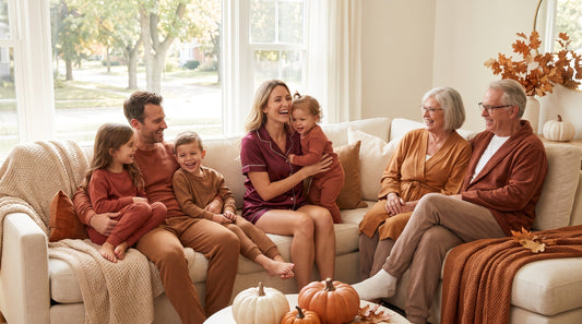 Family wearing coordinated burgundy lounge sets for fall gathering and photos