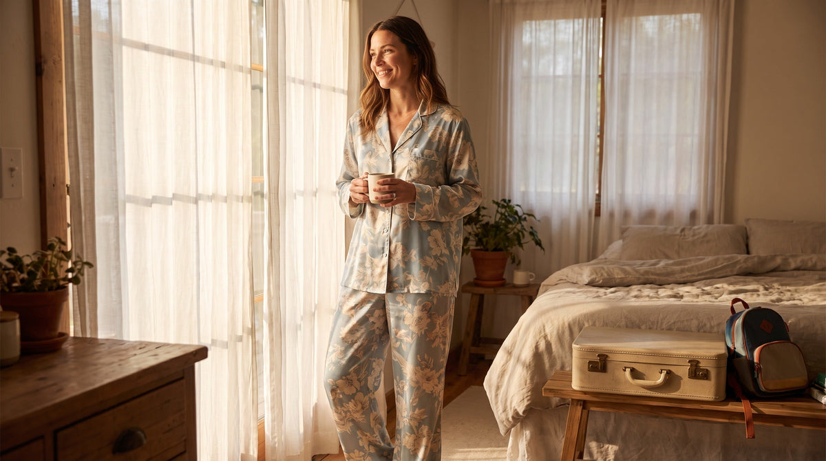 Woman wearing matching floral two piece pajama set for summer family coordination
