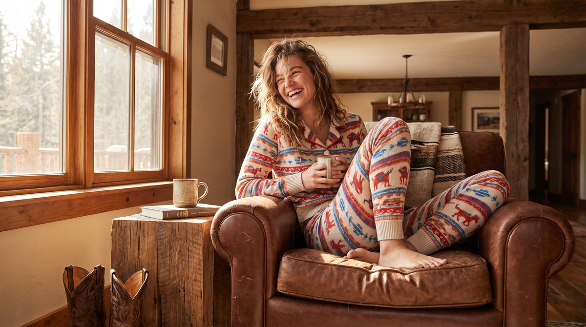 Woman wearing matching knit set with Western print in rustic home setting