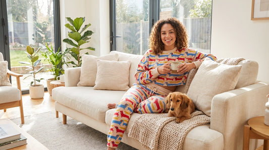 Woman wearing dachshund print matching sweat set lounging at home with her dog