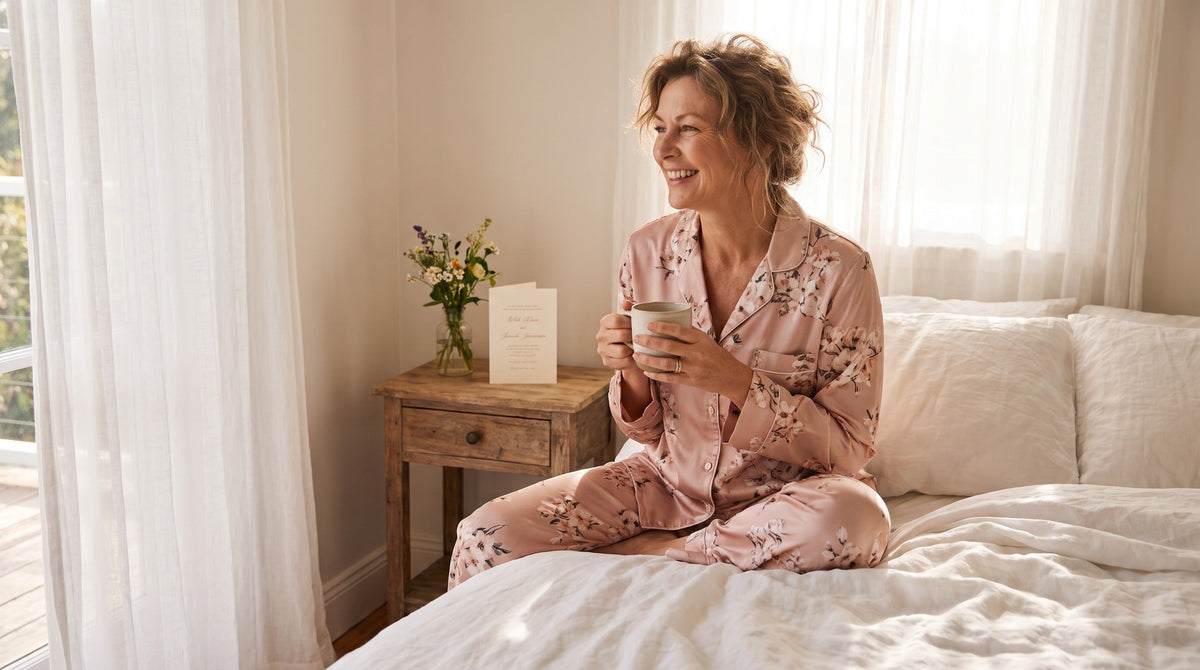 Mother of the bride wearing elegant satin pajama set gift for summer wedding morning