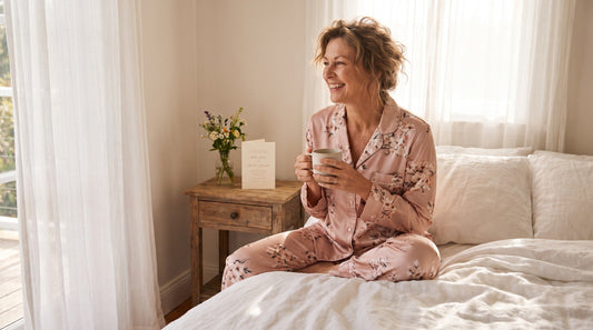 Mother of the bride wearing elegant satin pajama set gift for summer wedding morning