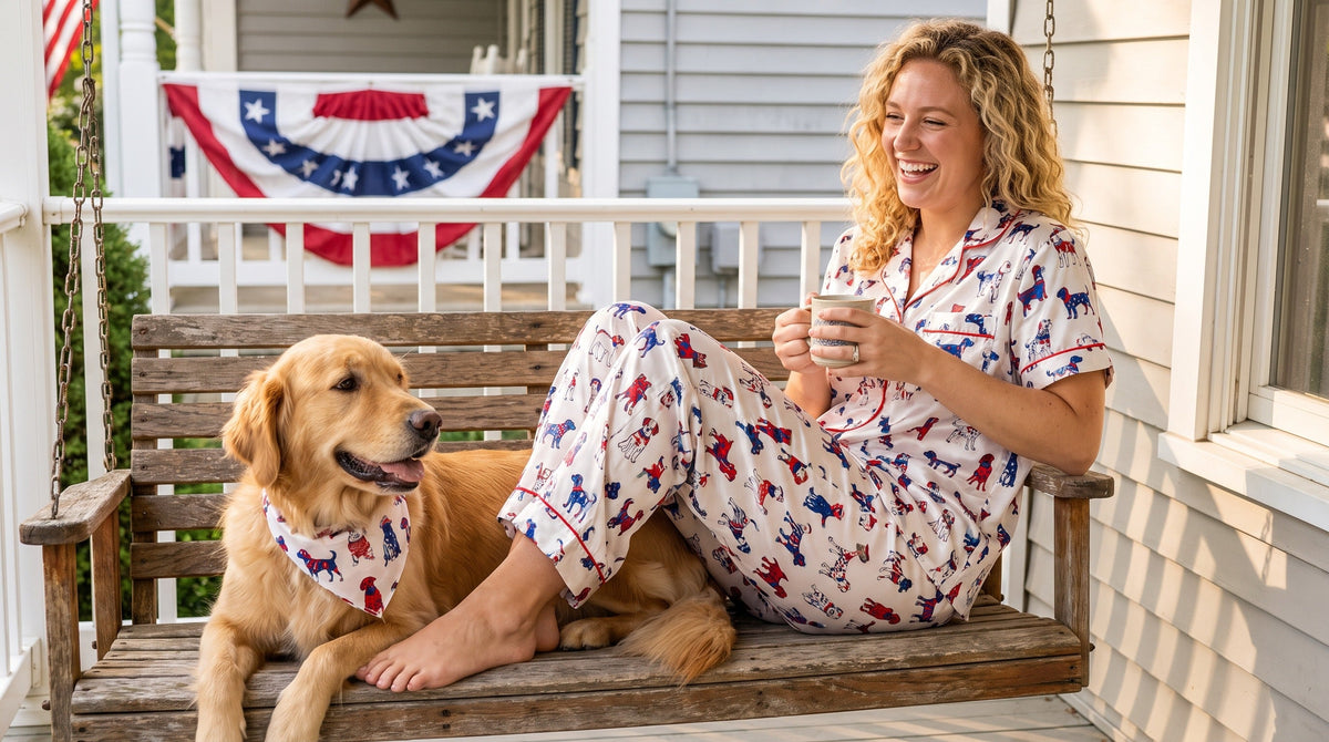 Woman wearing patriotic dog print pajama set coordinating with her dog on 4th of July porch