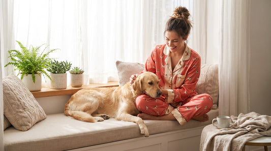 Woman wearing dog print two piece pajama set lounging with golden retriever in summer bedroom