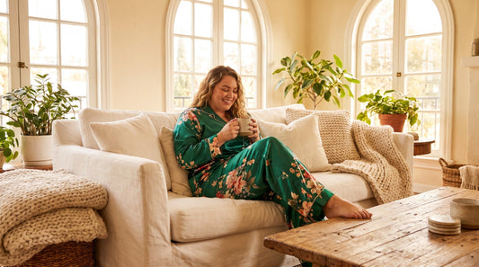 Plus size woman wearing comfortable satin two-piece pajama set in bright summer morning