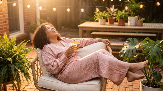 Woman wearing plus size two piece summer set on sunny patio