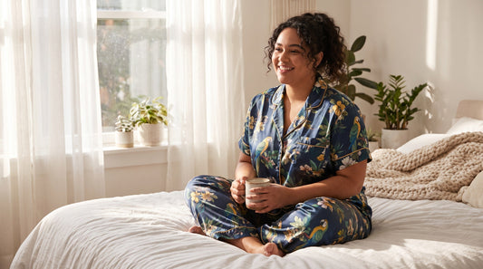 Woman wearing plus size summer pajama set in bedroom, relaxed fit two piece loungewear