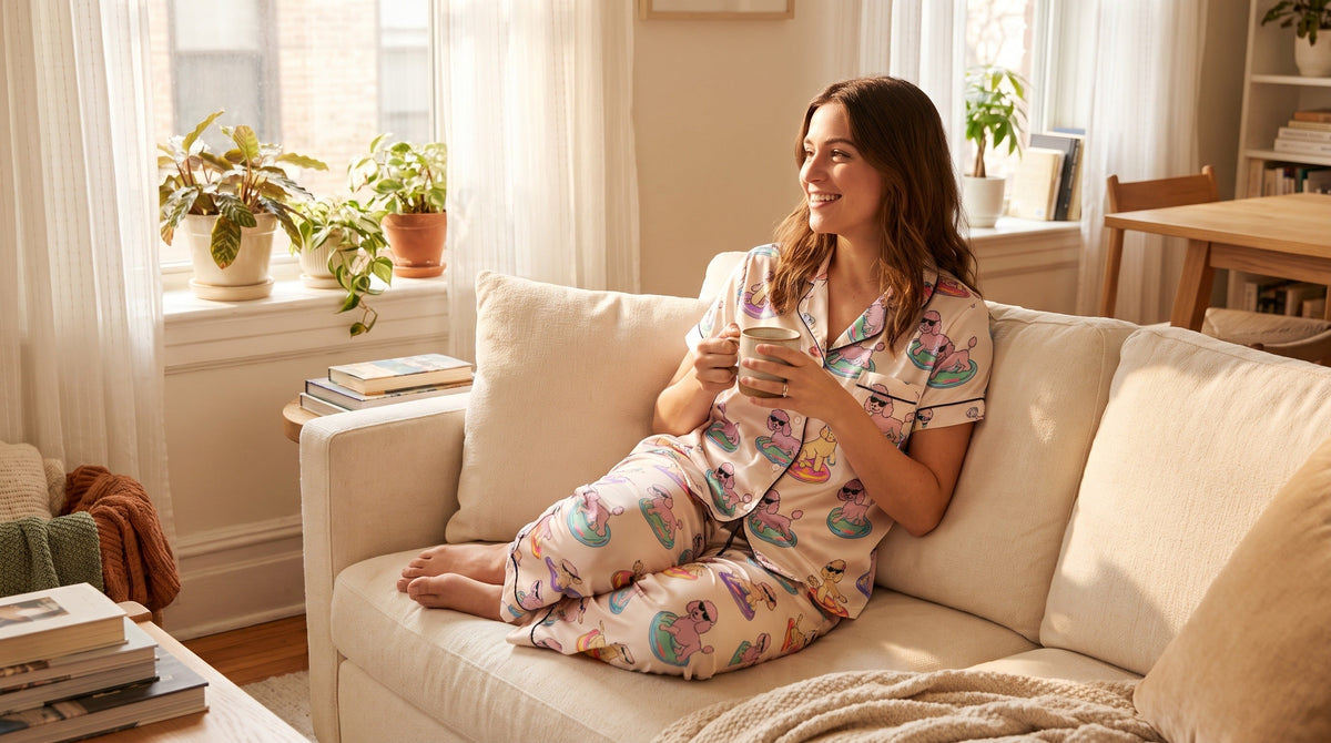 Woman wearing poodle pajamas 2 piece set for summer lounging at home with coffee