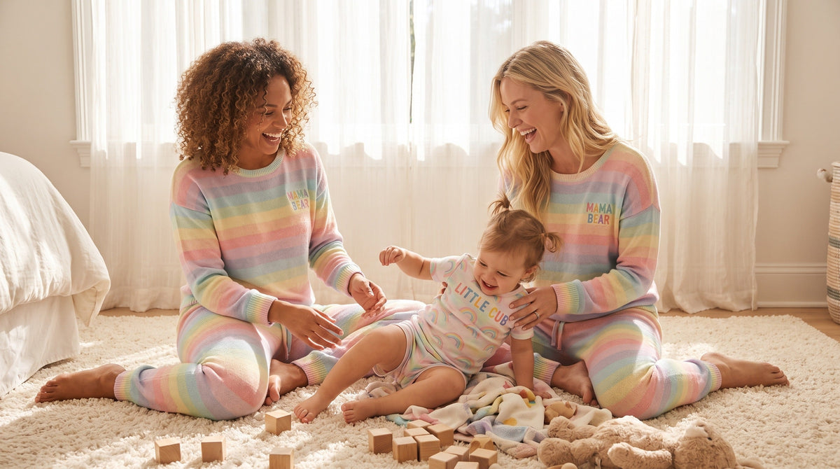 Two moms in Pride rainbow matching pajama sets playing with daughter in Little Cub outfit