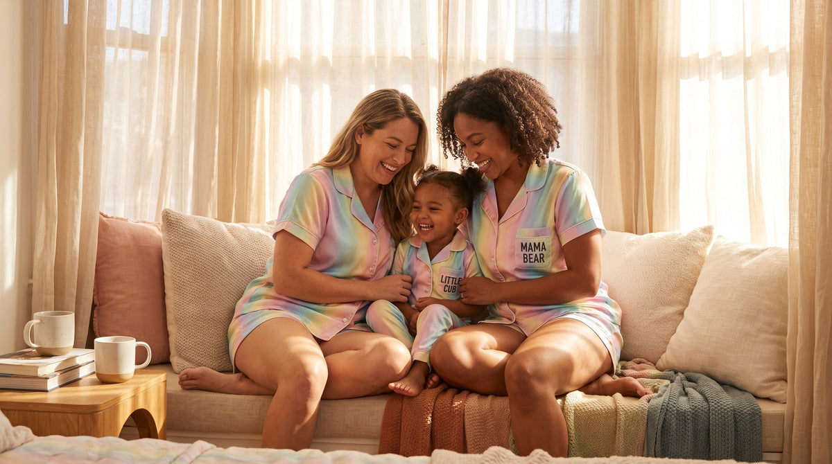 Two moms and daughter wearing Pride rainbow matching pajama sets for summer family celebration