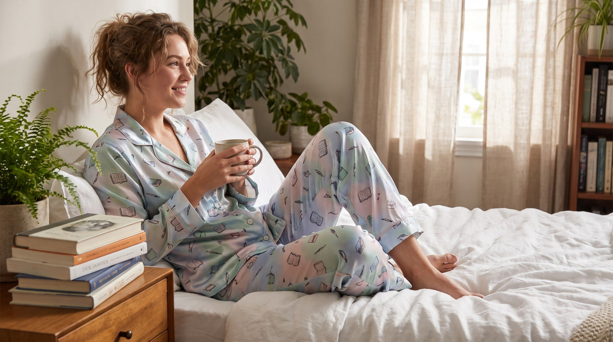 Woman wearing comfortable satin pajamas in a cozy bedroom setting