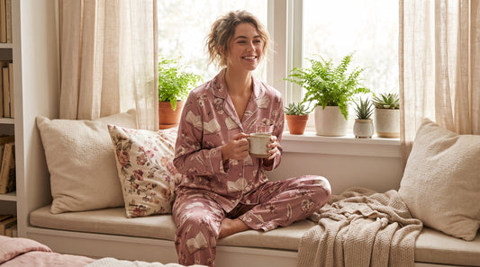 Woman wearing short sleeve pajama set in sunny bedroom for summer lounging