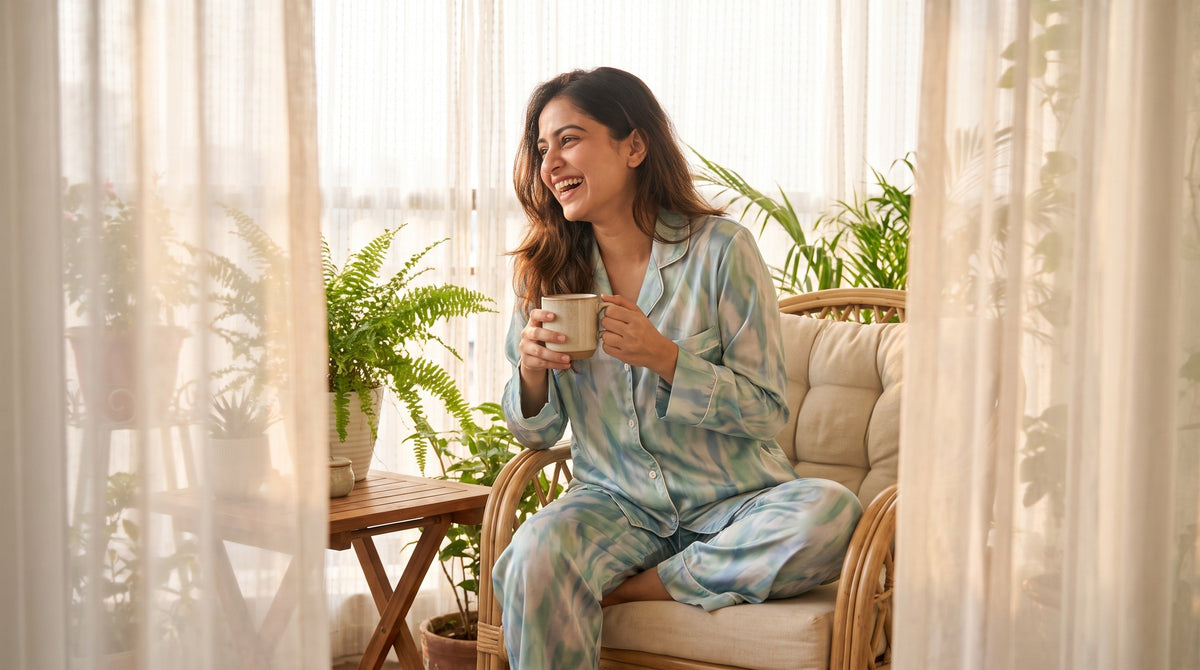 Woman wearing silky satin two piece pajama set on sunny summer morning
