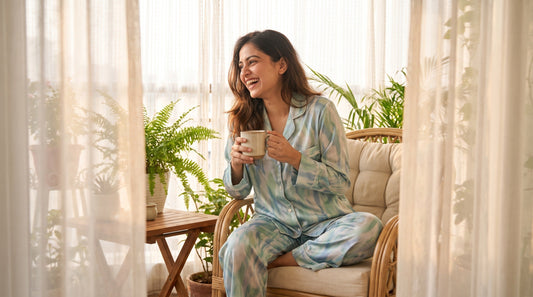 Woman wearing silky satin two piece pajama set on sunny summer morning