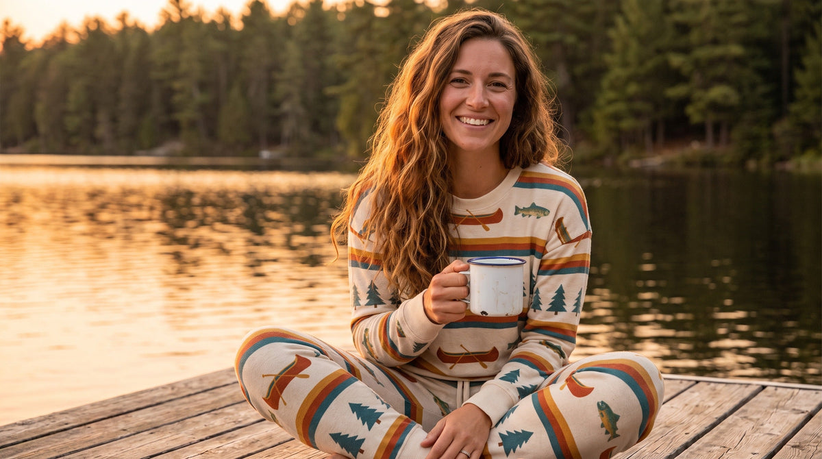 Woman wearing Lake Life retro sunset fishing pattern two-piece set on lakeside dock at sunset