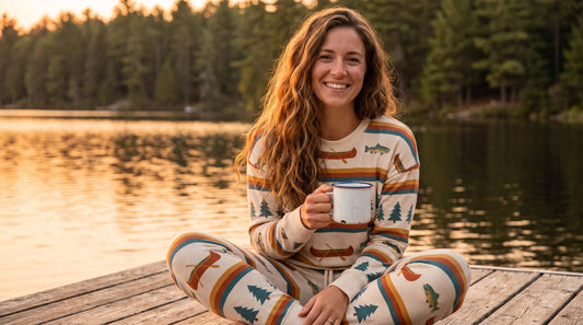 Woman wearing Lake Life retro sunset fishing pattern two-piece set on lakeside dock at sunset