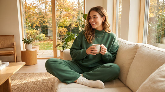 Woman wearing comfortable trendy queen sweat set lounging at home in autumn morning light