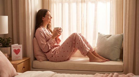 Woman wearing valentine silky satin two piece pajama set in blush pink