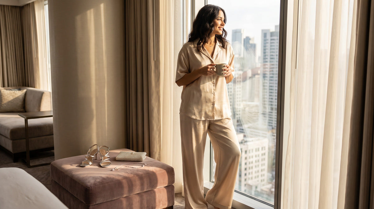 Woman wearing elegant satin two-piece set for summer wedding guest outfit in bright hotel suite