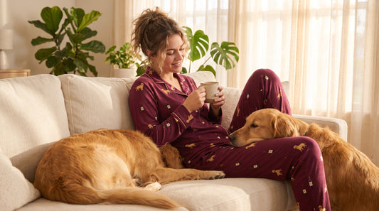 Woman wearing wine-colored two-piece pajama set with dog print lounging at home in summer
