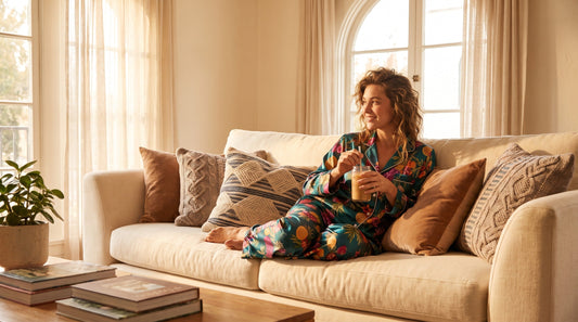 Woman wearing comfortable two-piece lounge set on sunny couch for summer relaxation