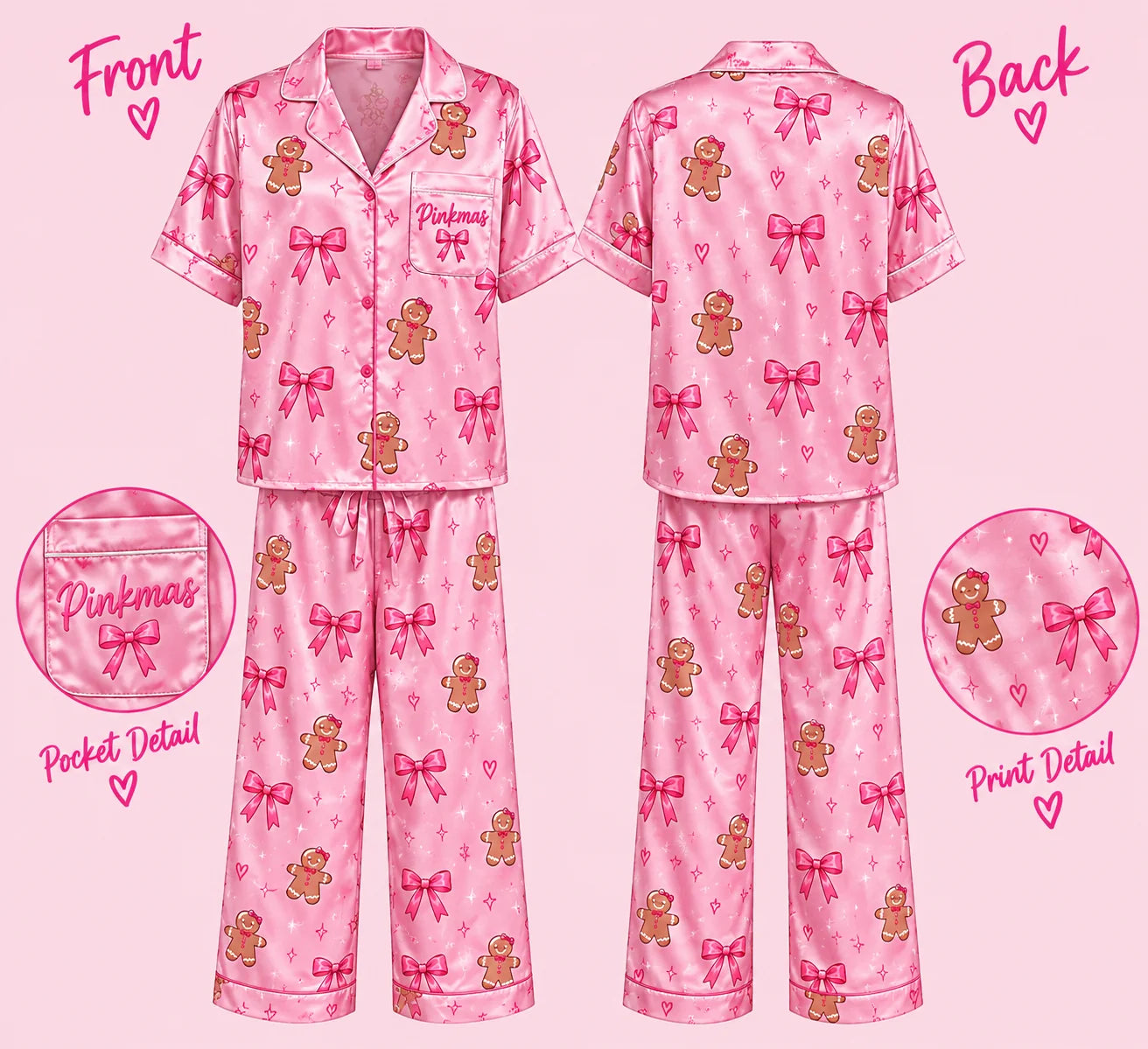Pinkmas Gingerbread & Bow Satin Pajama Set | IBUYTERO