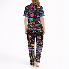 Women’s Silky Satin Pajama Set – Retro 90s Music Inspired Print