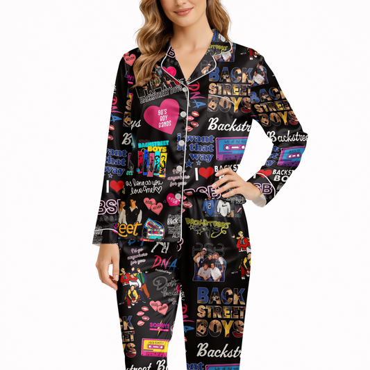 Women’s Silky Satin Pajama Set – Retro 90s Music Inspired Print