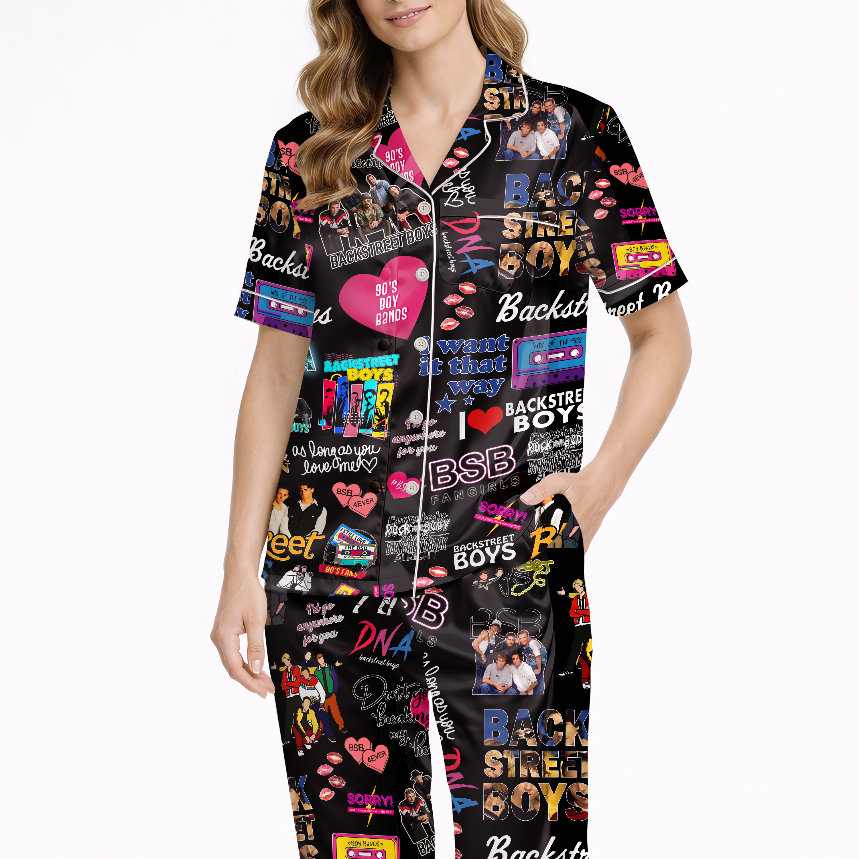 Women’s Silky Satin Pajama Set – Retro 90s Music Inspired Print