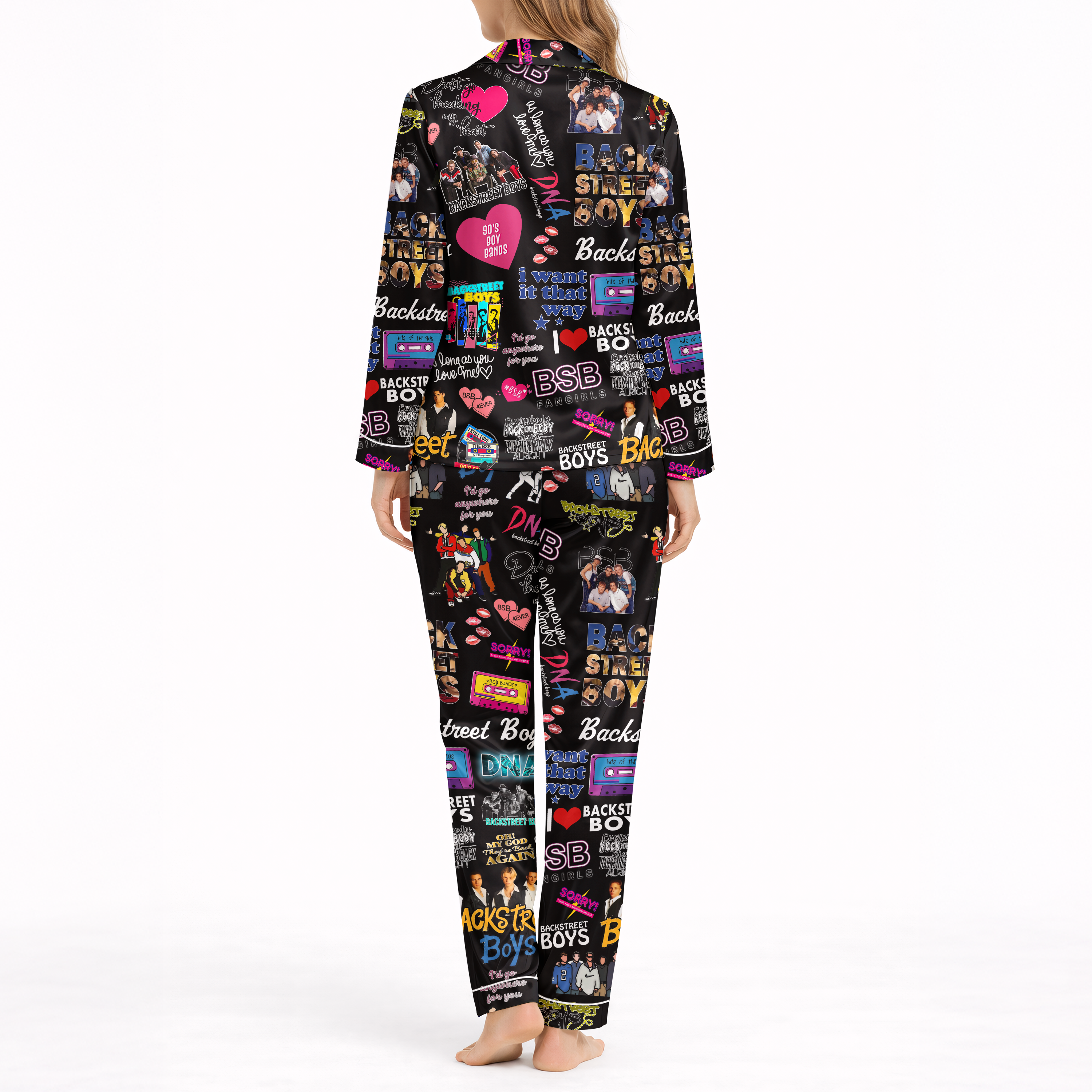 Women’s Silky Satin Pajama Set – Retro 90s Music Inspired Print