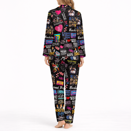 Women’s Silky Satin Pajama Set – Retro 90s Music Inspired Print