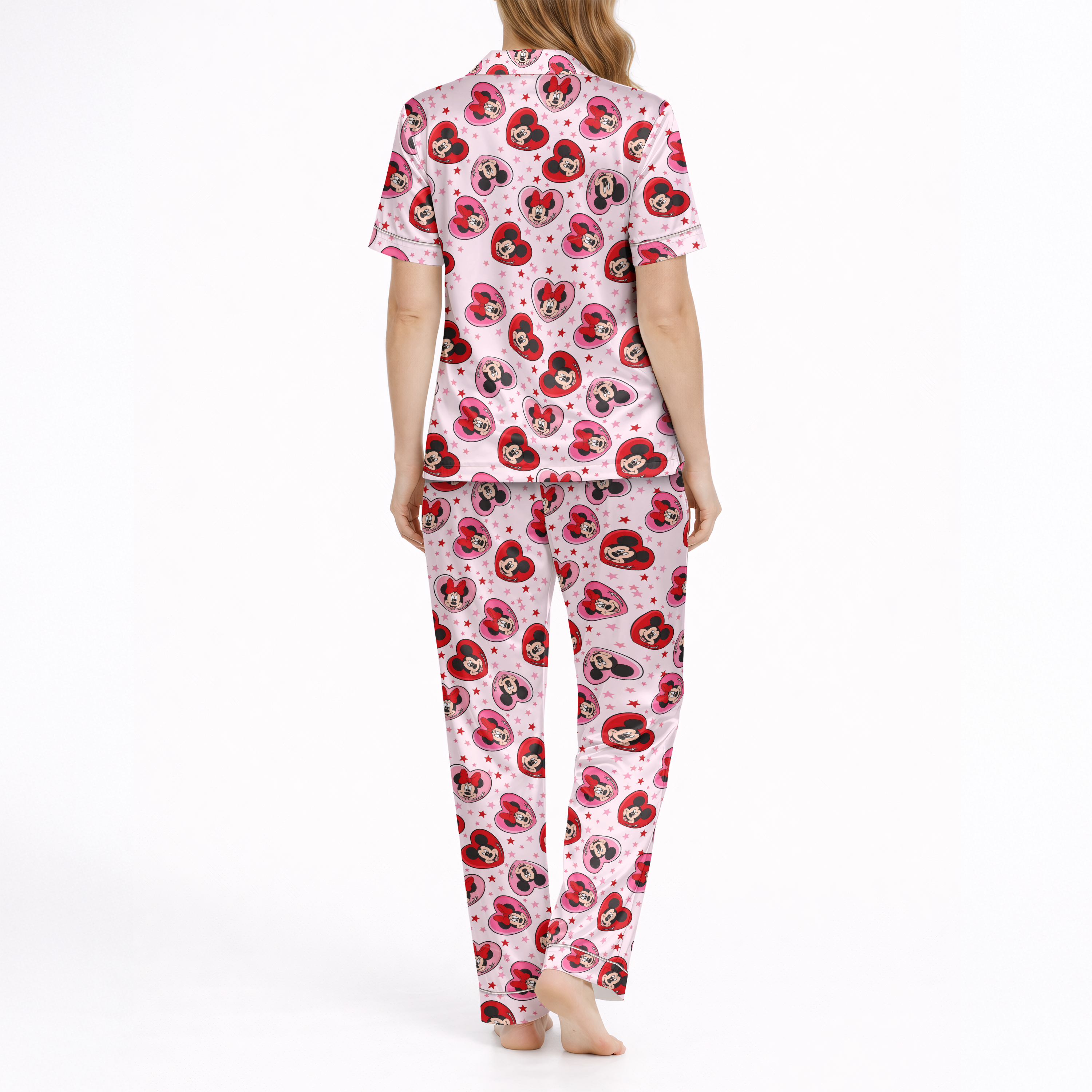 Women’s Silky Satin Pajama Set – Cartoon Love Character Print