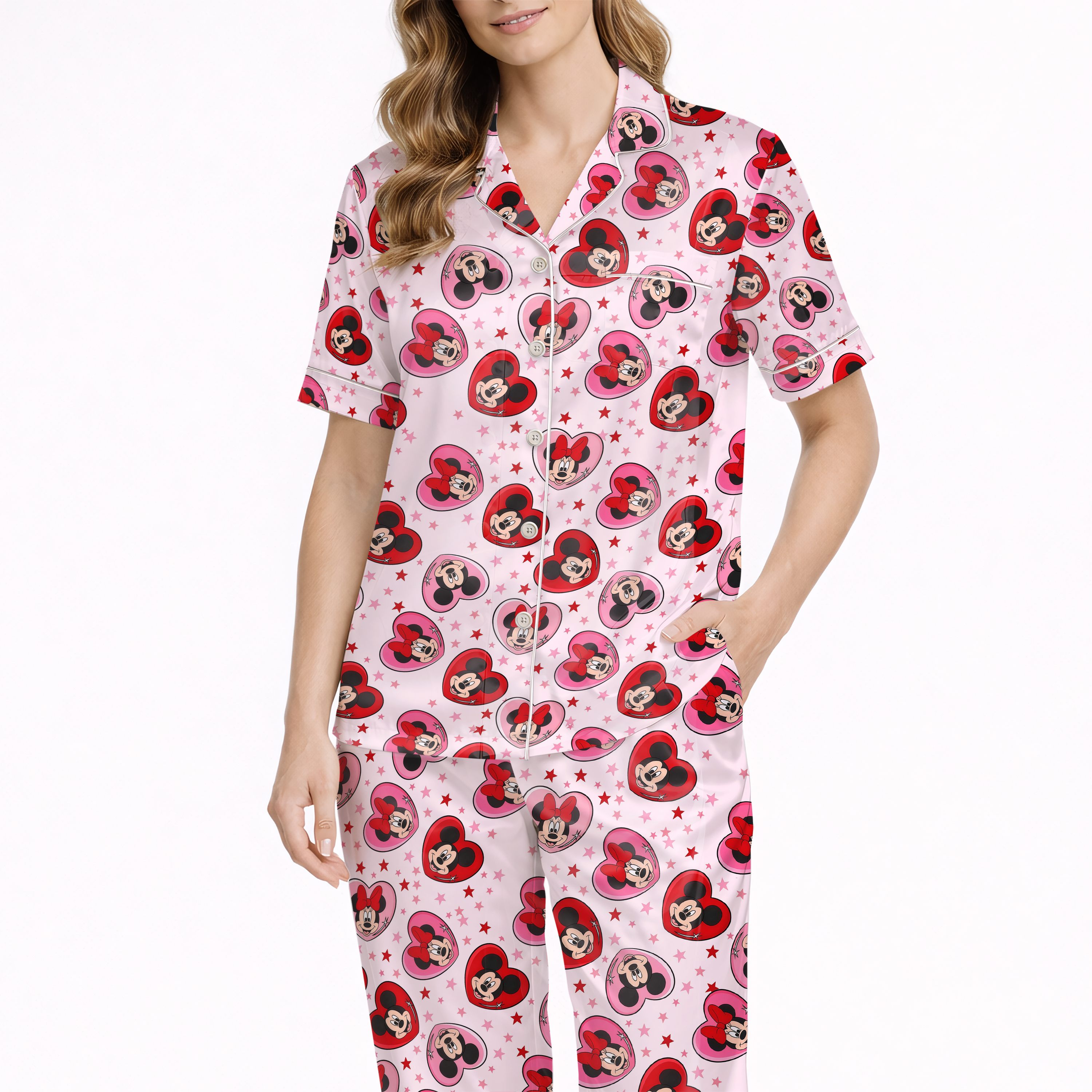 Women’s Silky Satin Pajama Set – Cartoon Love Character Print