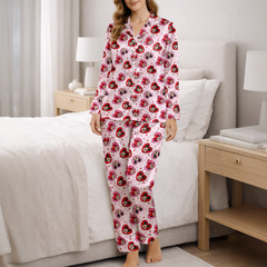 Women’s Silky Satin Pajama Set – Cartoon Love Character Print