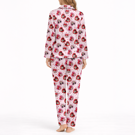 Women’s Silky Satin Pajama Set – Cartoon Love Character Print