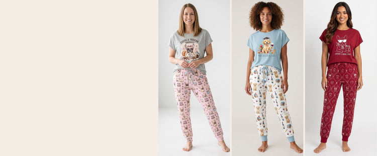 Three women wearing ibuytero dog print pajama sets