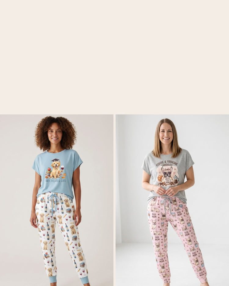 Two women wearing ibuytero dog print pajama sets
