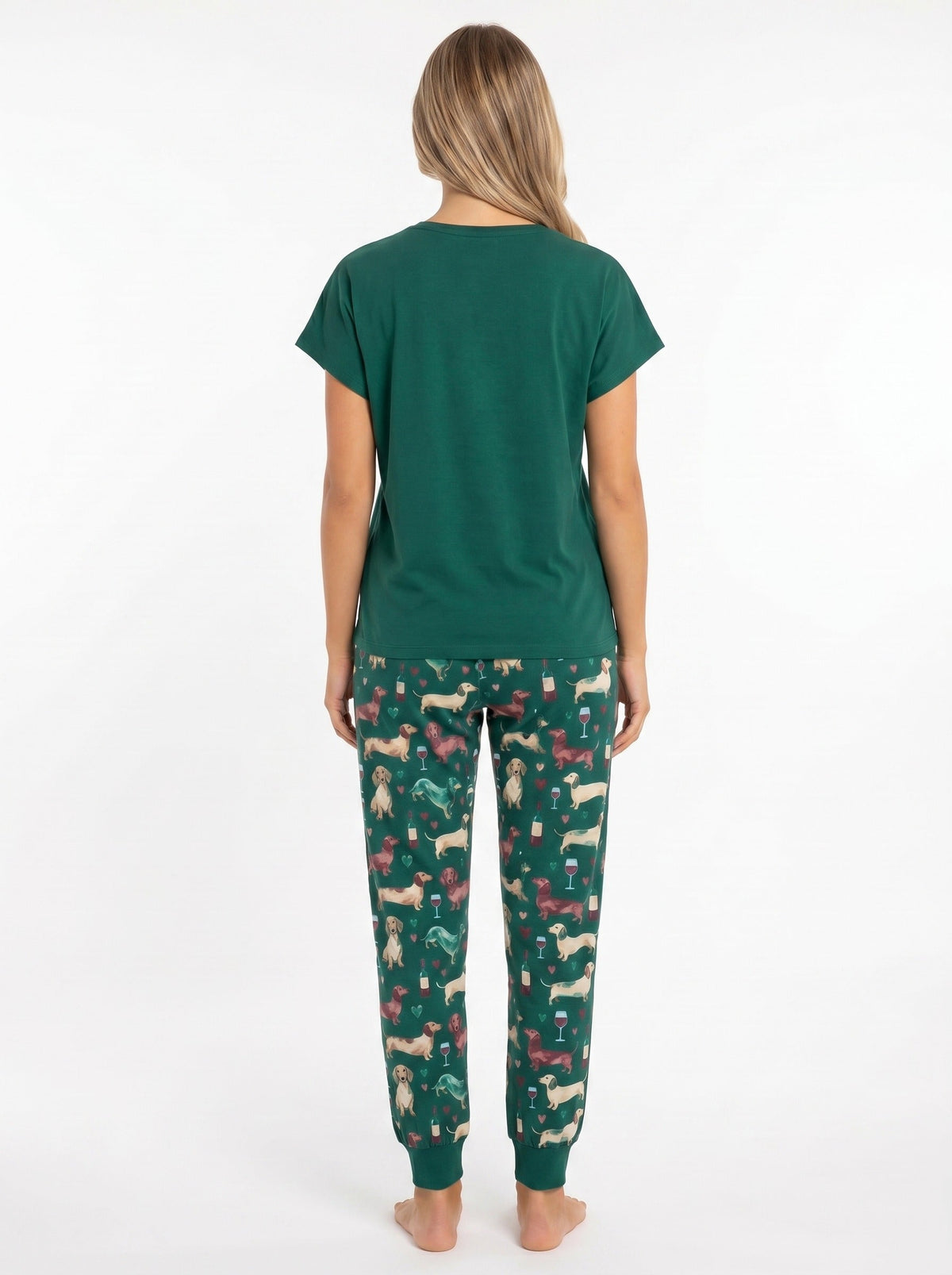 Women's dark forest green dachshund wine all-over print knit pajama set with 'I Do What I Want' graphic tee and jogger pants