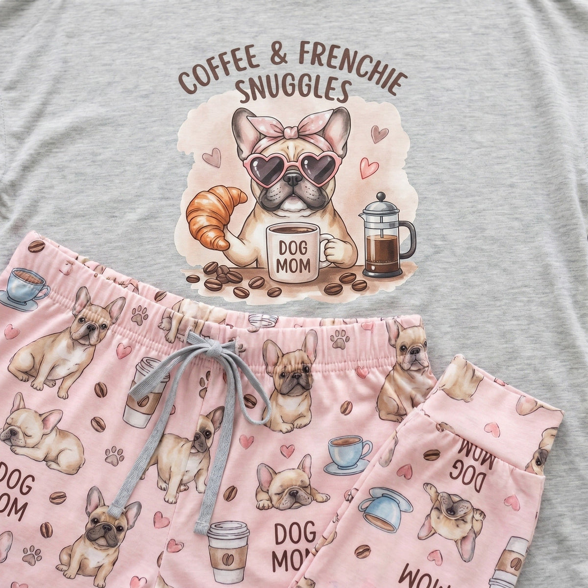 Coffee & Frenchie Dog Mom Soft Knit Pajama Set for Women